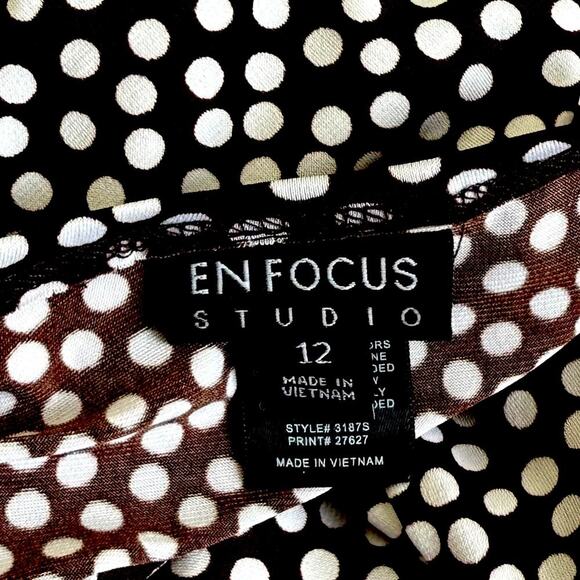 Enfocus Studio Sleeveless Polka Dot Dress Ruched Stretchy Size 12 Brown White - Picture 14 of 15